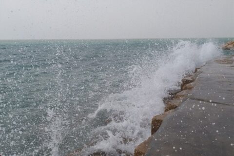 افزایش ارتفاع موج دریا و وزش باد شمال‌غربی در سواحل بوشهر، تصویر نمای دریای مواج در بوشهر